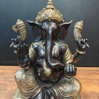 Brass Ganesha Statue Seated On Base Black Patina Finish 21 Inch by vendor-unknown - Hindu Gods (View 2)