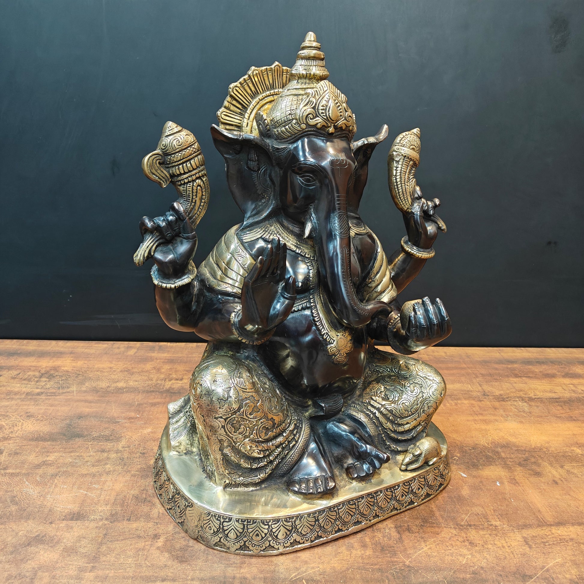Brass Ganesha Statue Seated On Base Black Patina Finish 21 Inch - Image 5