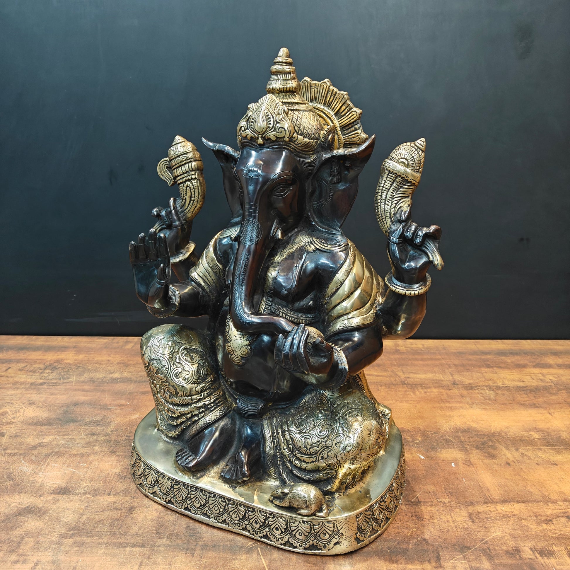 Brass Ganesha Statue Seated On Base Black Patina Finish 21 Inch - Image 6