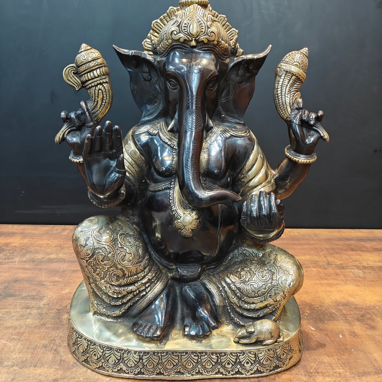 Brass Ganesha Statue Seated On Base Black Patina Finish 21 Inch