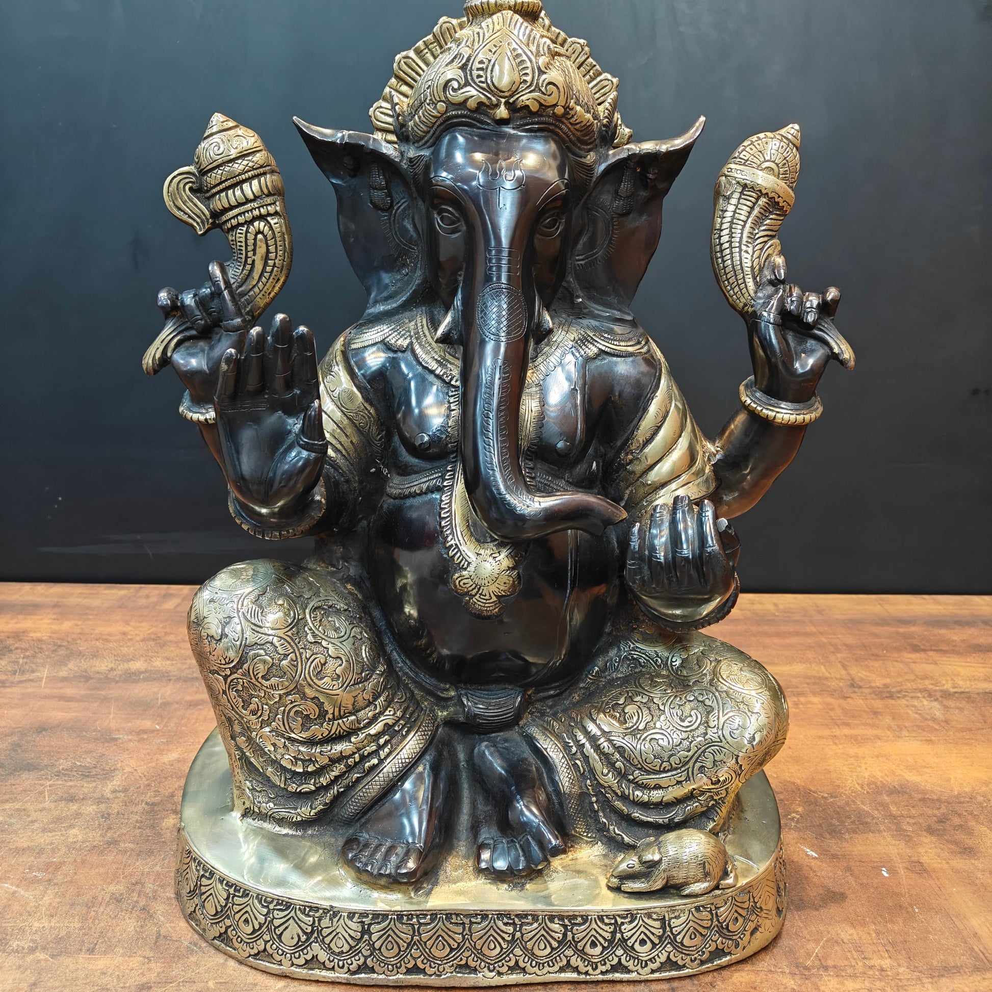Brass Ganesha Statue Seated On Base Black Patina Finish 21 Inch - Image 7