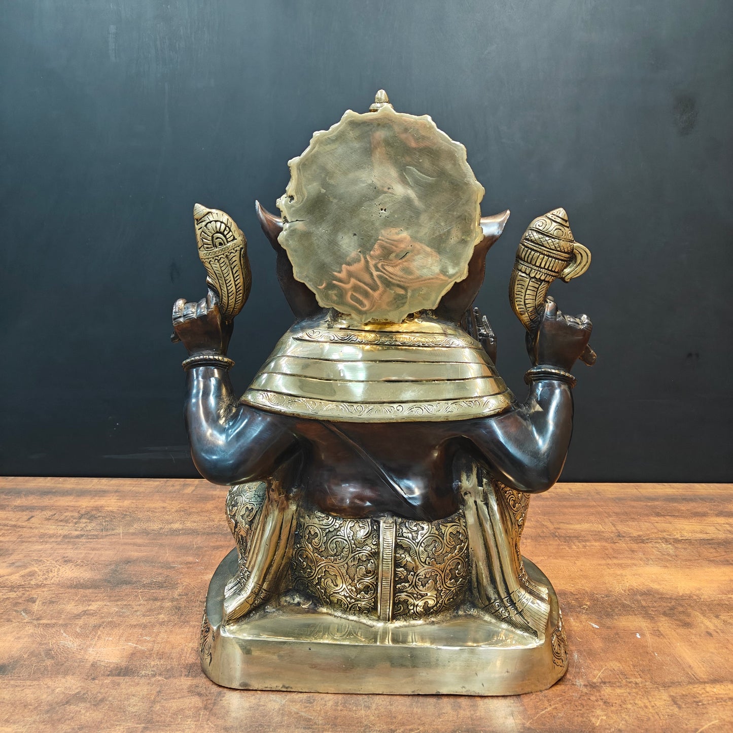 Brass Ganesha Statue Seated On Base Black Patina Finish 21 Inch