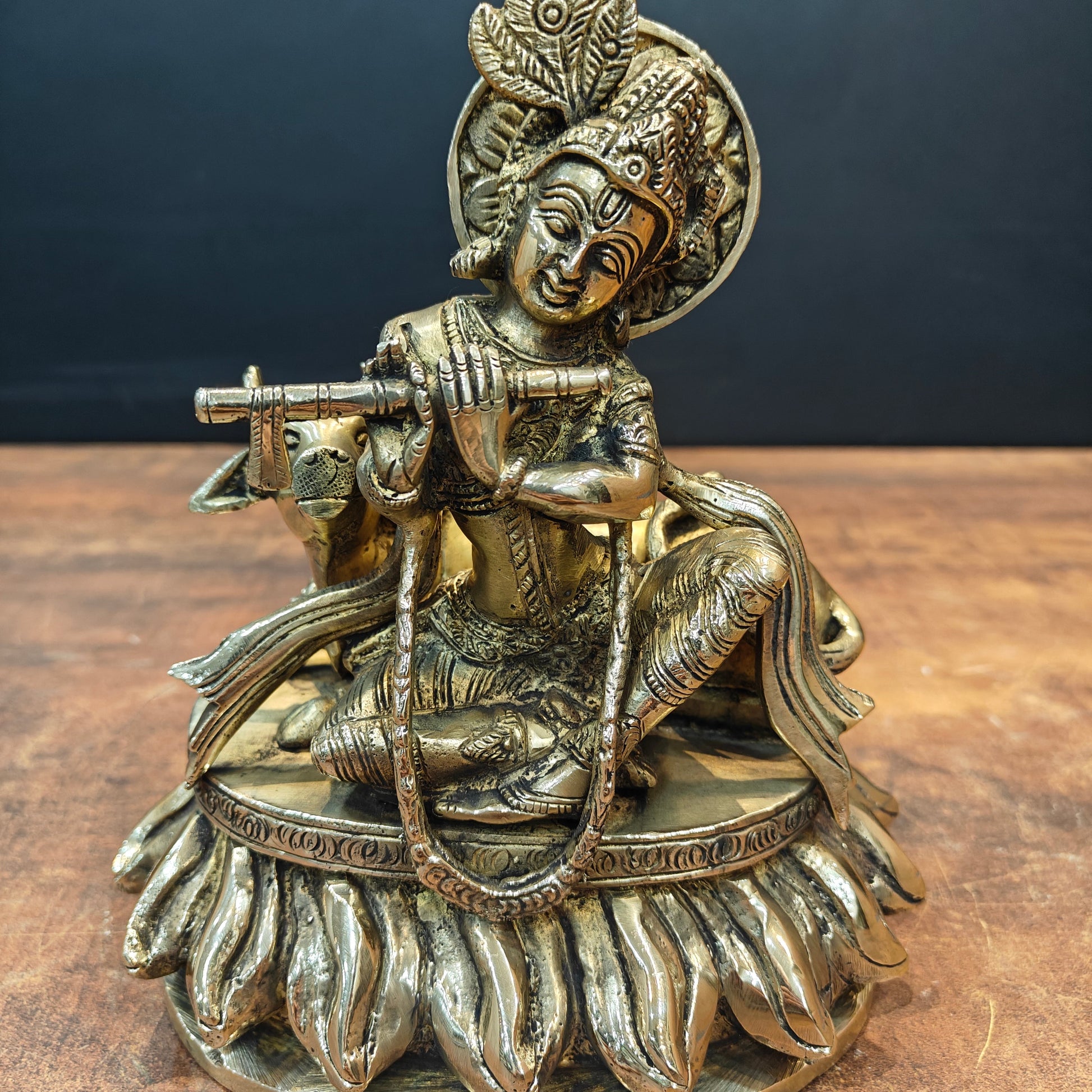 Brass Krishna Idol Seated With Cow On Pedestal 9 Inch - Image 4