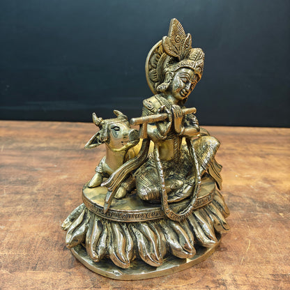 Brass Krishna Idol Seated With Cow On Pedestal 9 Inch by vendor-unknown - Hindu Gods (View 5)