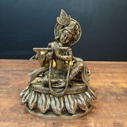 Brass Krishna Idol Seated With Cow On Pedestal 9 Inch by vendor-unknown - Hindu Gods (View 6)