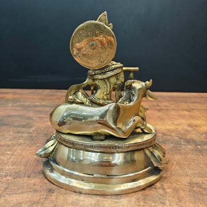 Brass Krishna Idol Seated With Cow On Pedestal 9 Inch by vendor-unknown - Hindu Gods (View 7)