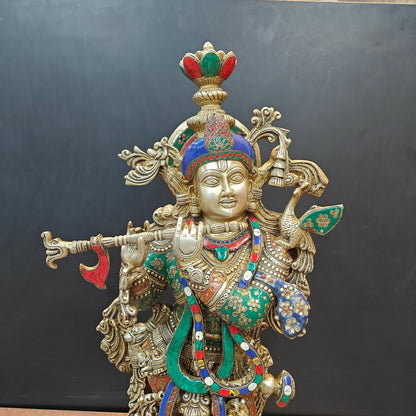 Brass Large Krishna Statue With Stone Work 3 Feet by vendor-unknown - Hindu Gods (View 2)