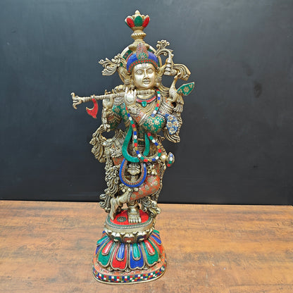 Brass Large Krishna Statue With Stone Work 3 Feet by vendor-unknown - Hindu Gods (View 4)