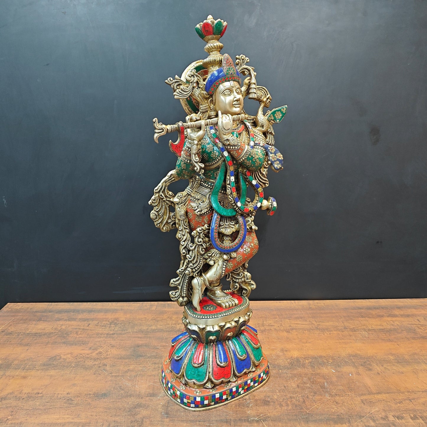 Brass Large Krishna Statue With Stone Work 3 Feet