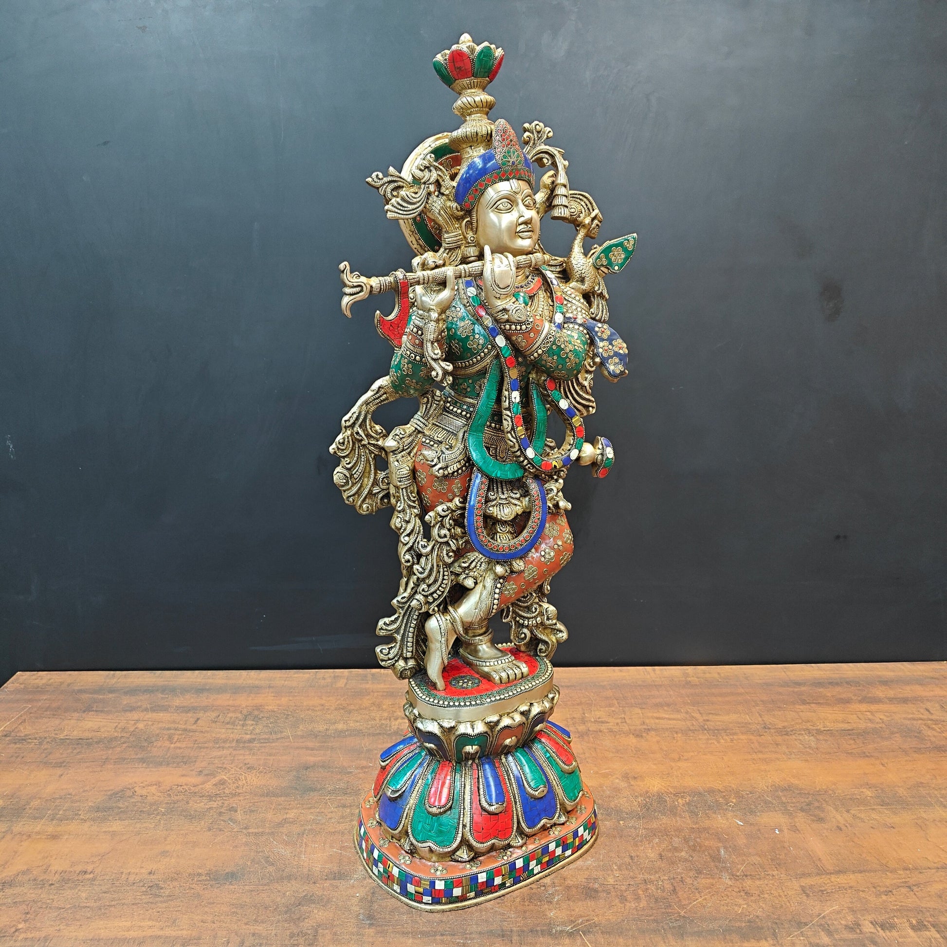 Brass Large Krishna Statue With Stone Work 3 Feet - Image 5