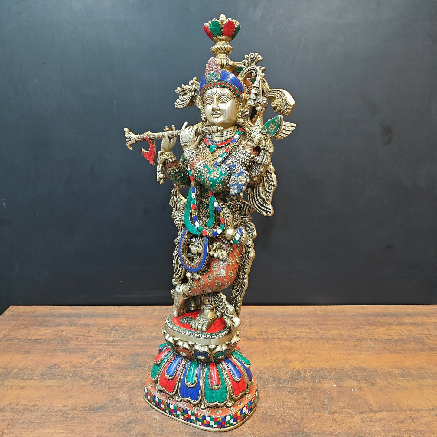 Brass Large Krishna Statue With Stone Work 3 Feet