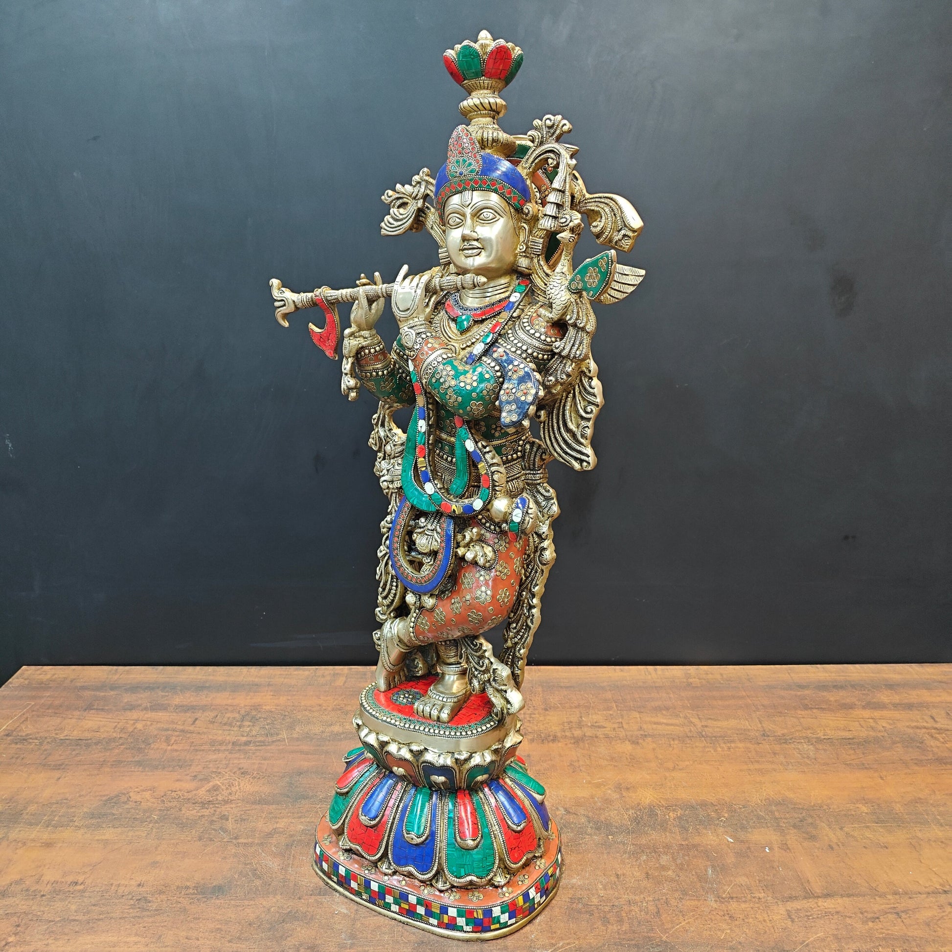 Brass Large Krishna Statue With Stone Work 3 Feet - Image 6