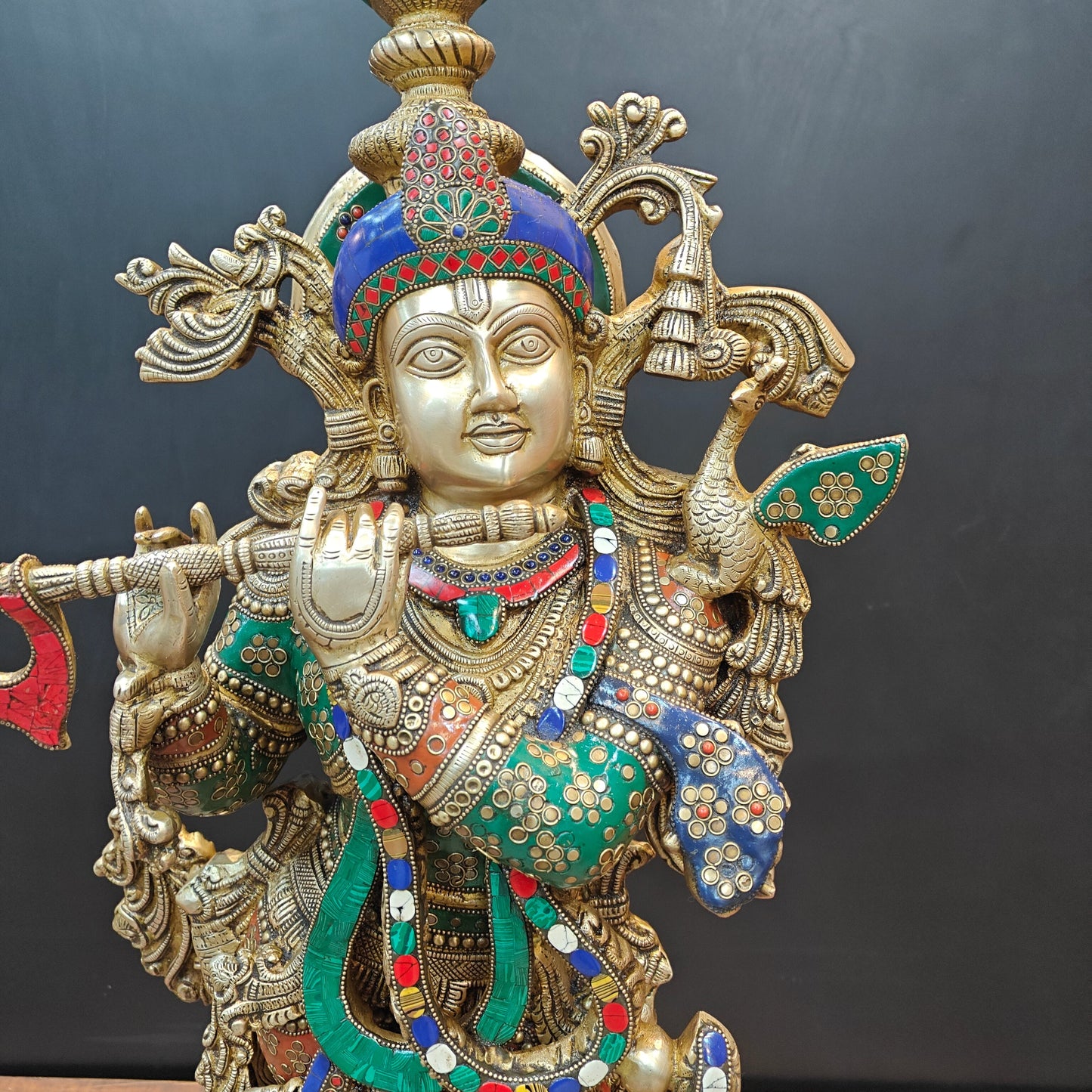 Brass Large Krishna Statue With Stone Work 3 Feet