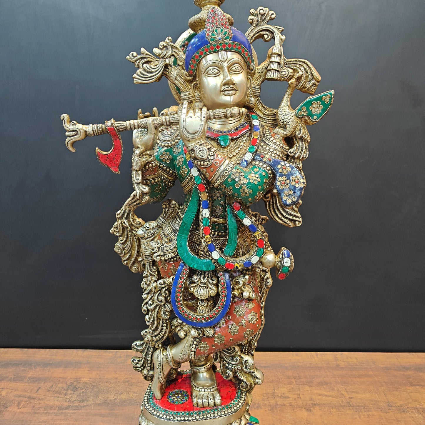 Brass Large Krishna Statue With Stone Work 3 Feet