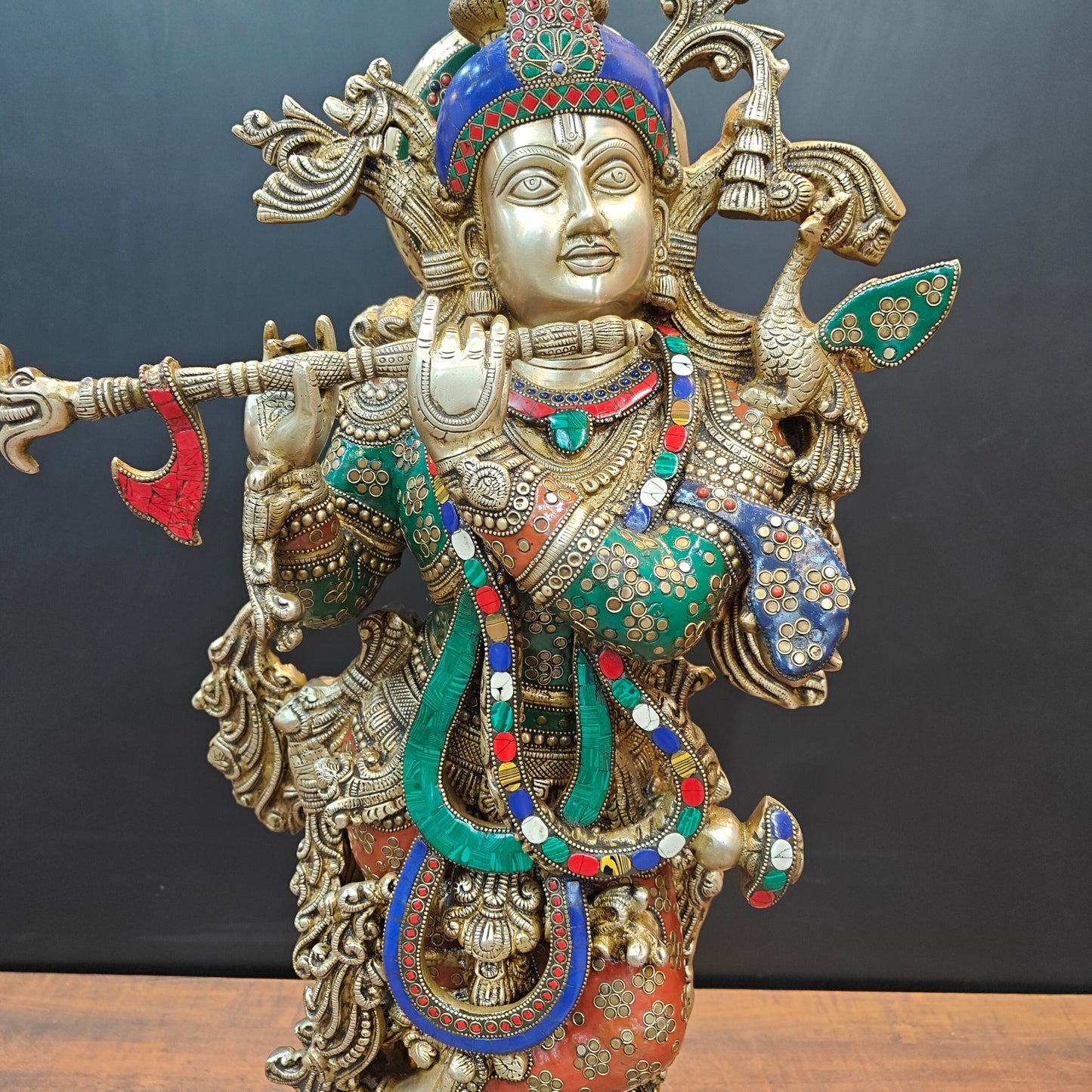 Brass Large Krishna Statue With Stone Work 3 Feet