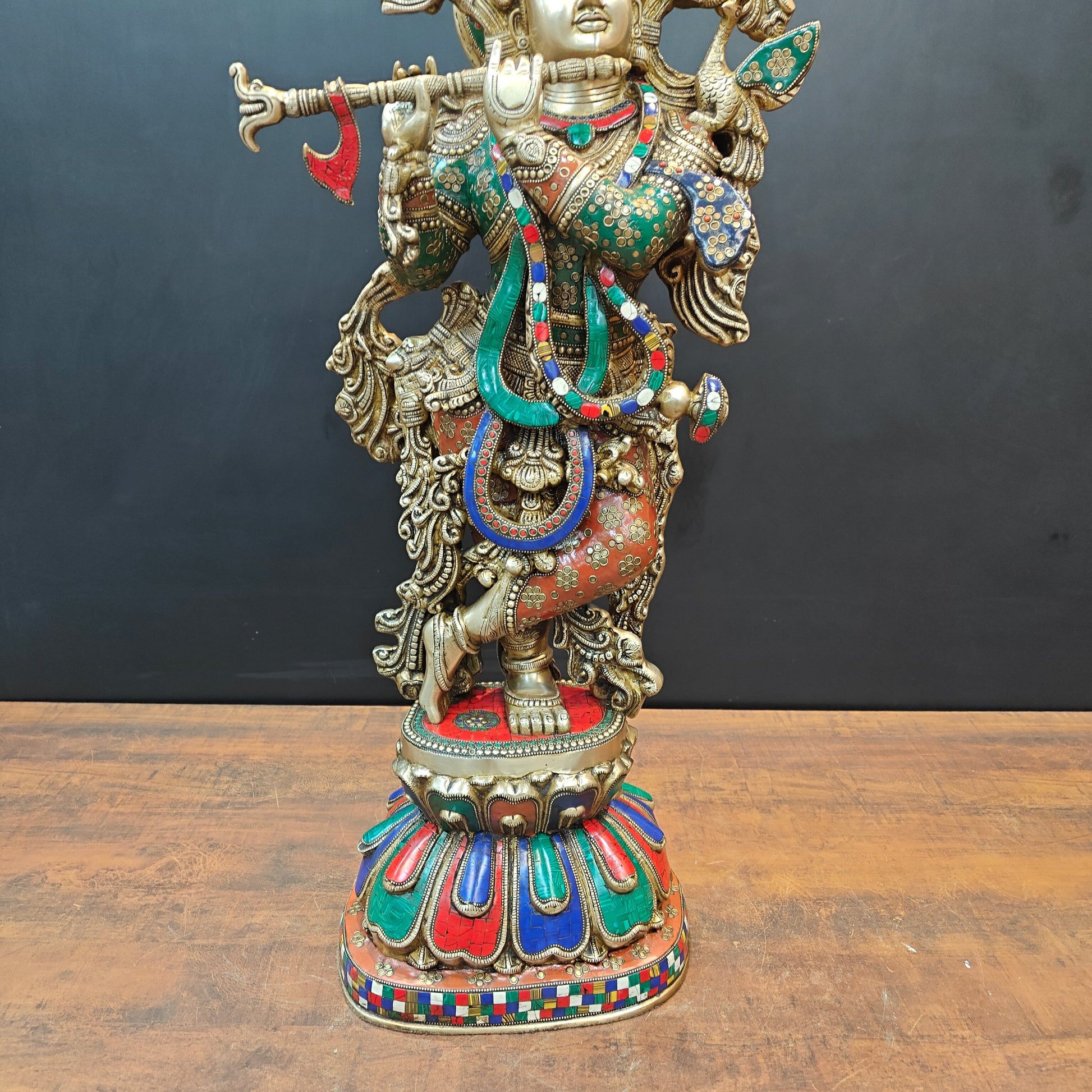Brass Large Krishna Statue With Stone Work 3 Feet - Image 10