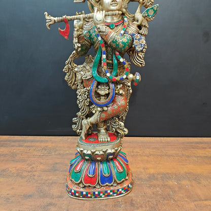 Brass Large Krishna Statue With Stone Work 3 Feet by vendor-unknown - Hindu Gods (View 10)
