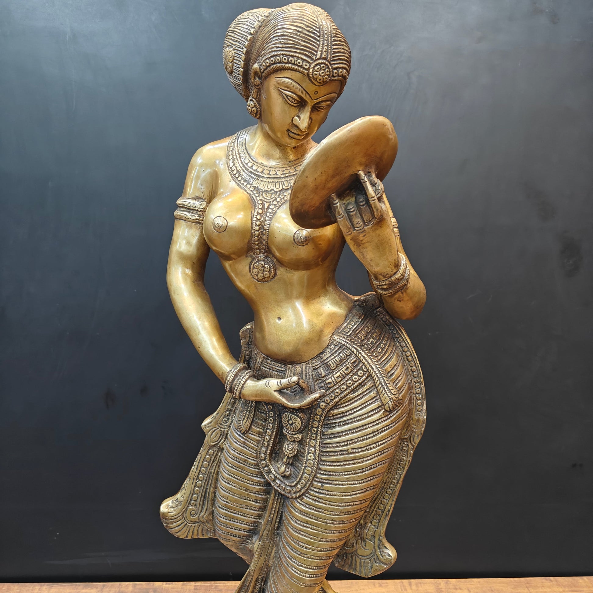 Brass Lady With Mirror Statue Sculpture For Home Decor 3 Feet - Image 2