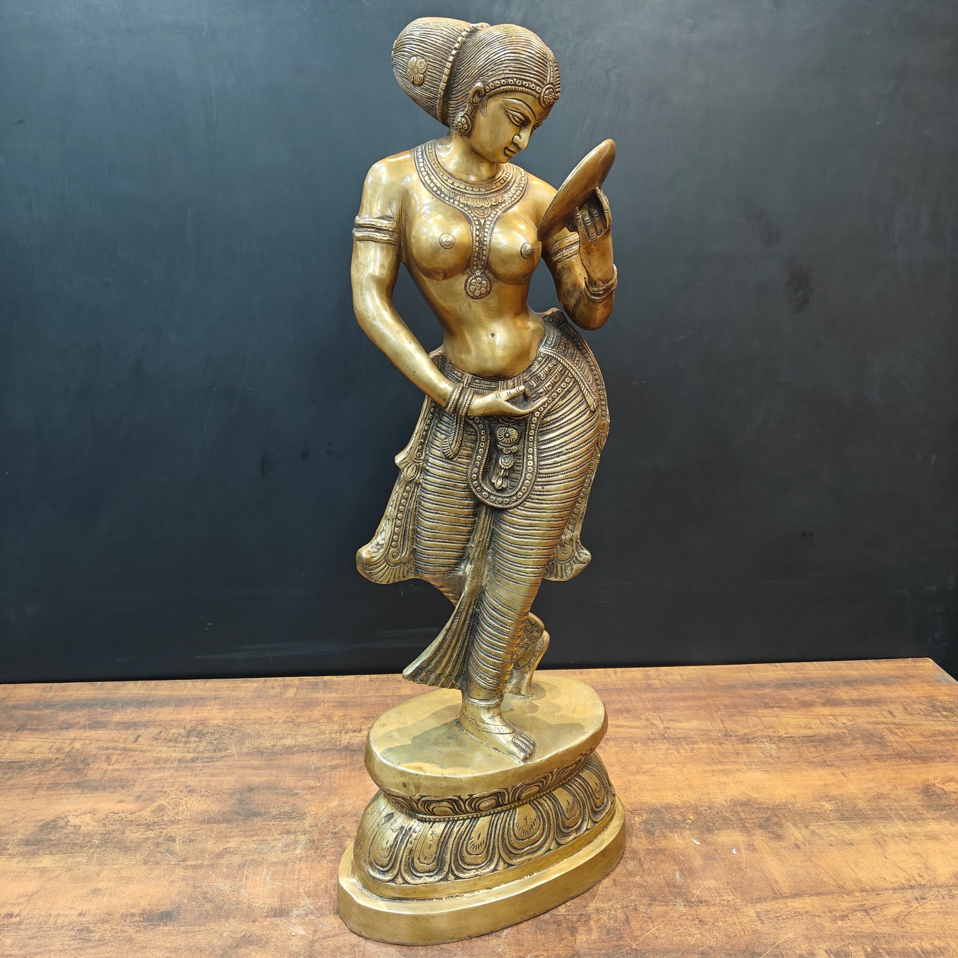 Brass Lady With Mirror Statue Sculpture For Home Decor 3 Feet - Image 3