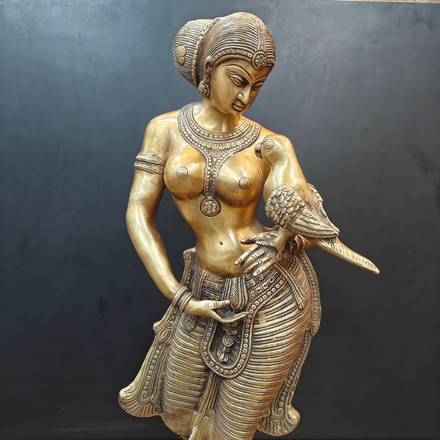 Brass Lady Holding Parrot Sculpture For Home Decor 3 Feet
