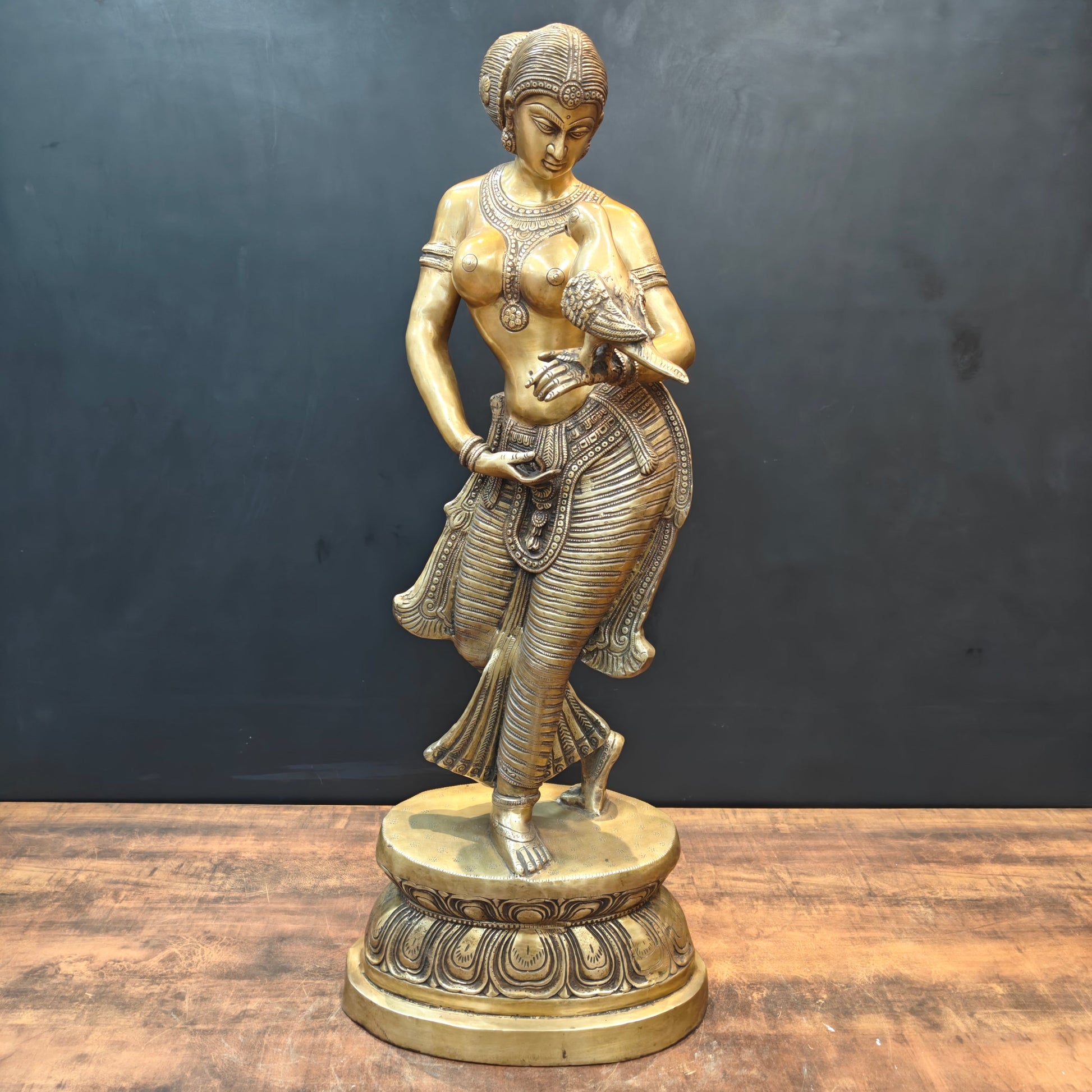 Brass Lady Holding Parrot Sculpture For Home Decor 3 Feet - Image 3