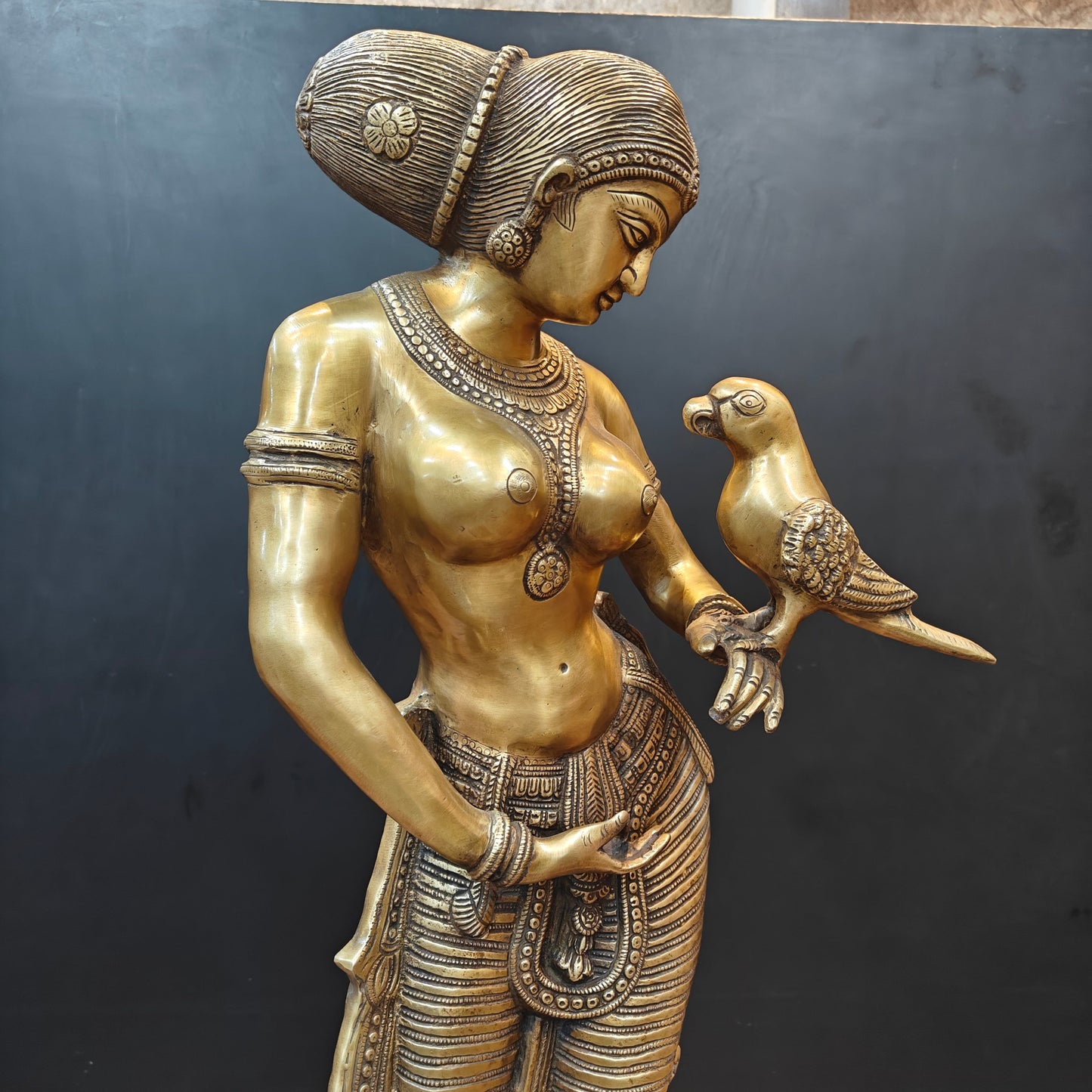 Brass Lady Holding Parrot Sculpture For Home Decor 3 Feet