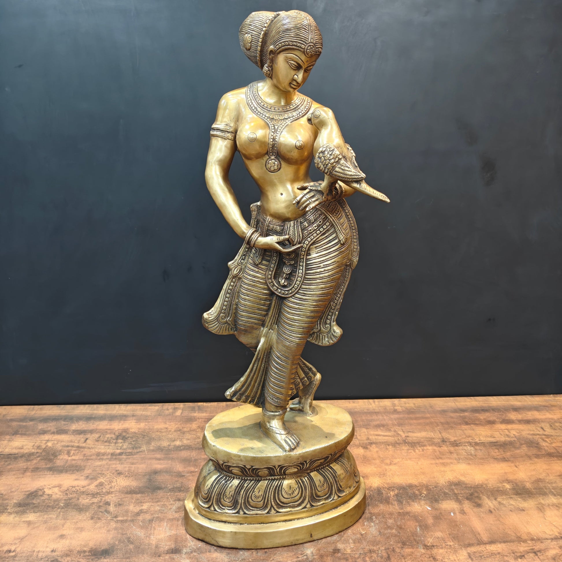 Brass Lady Holding Parrot Sculpture For Home Decor 3 Feet - Image 6