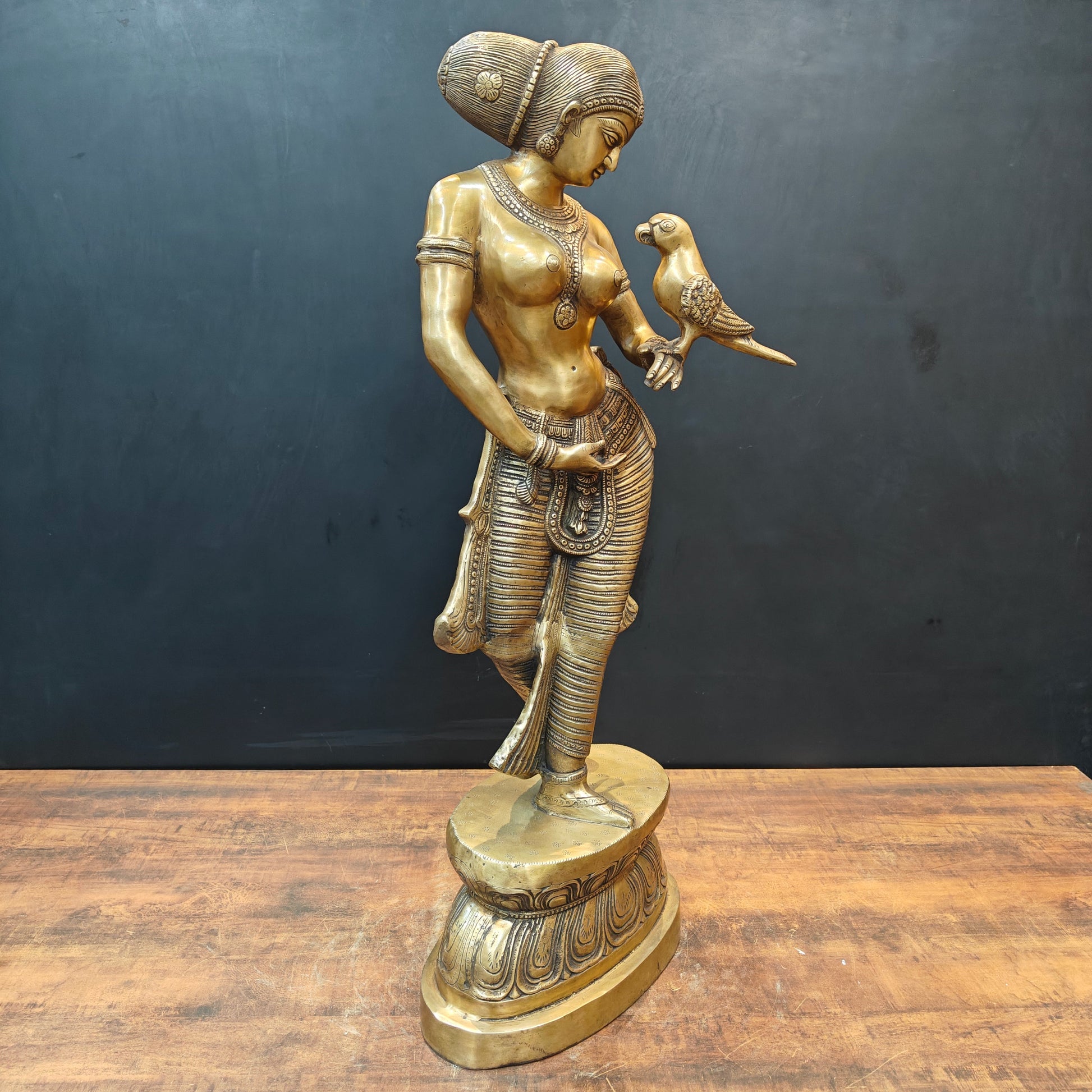 Brass Lady Holding Parrot Sculpture For Home Decor 3 Feet - Image 7