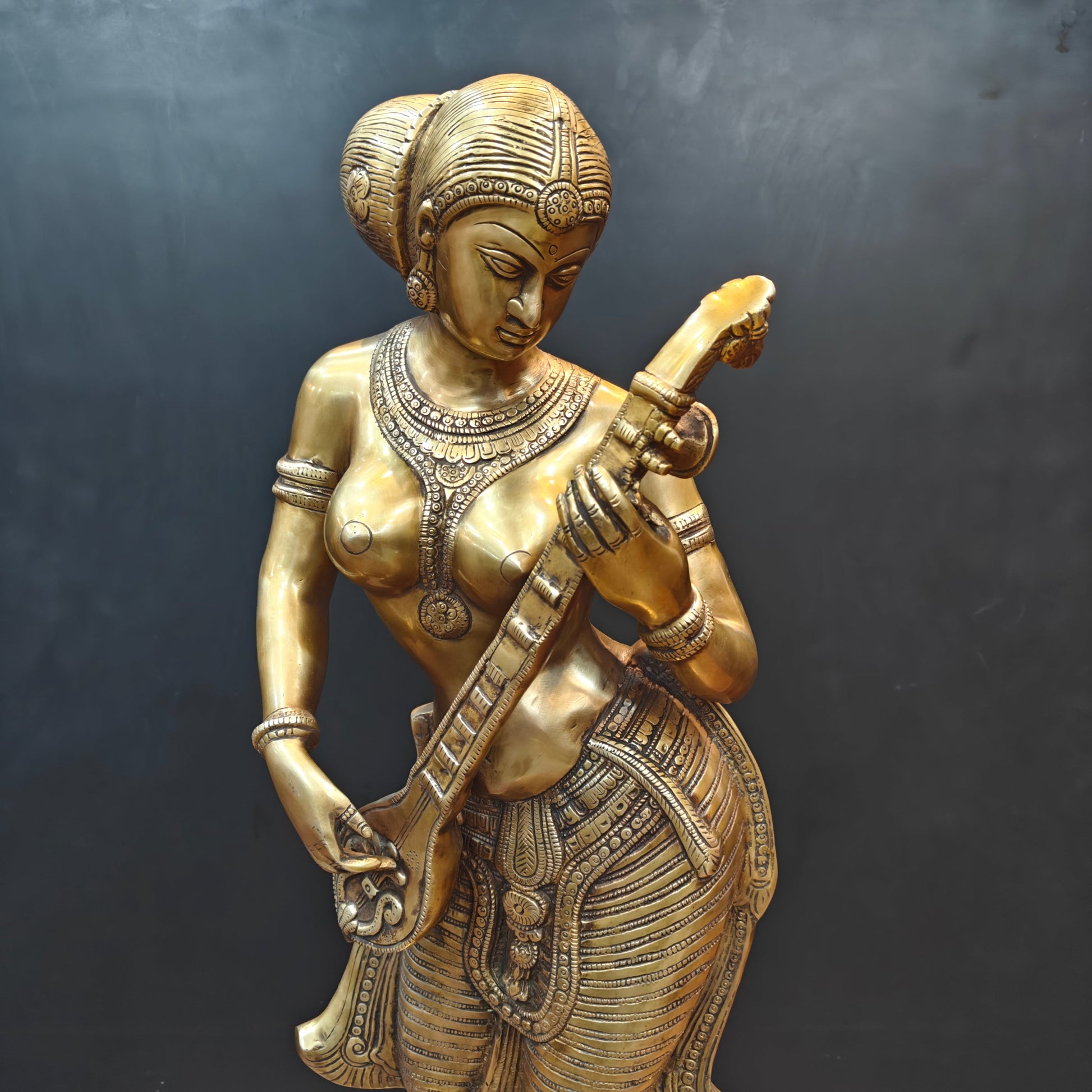 Brass Large Size Standing Goddess Saraswati Idol 3 Feet - Image 2