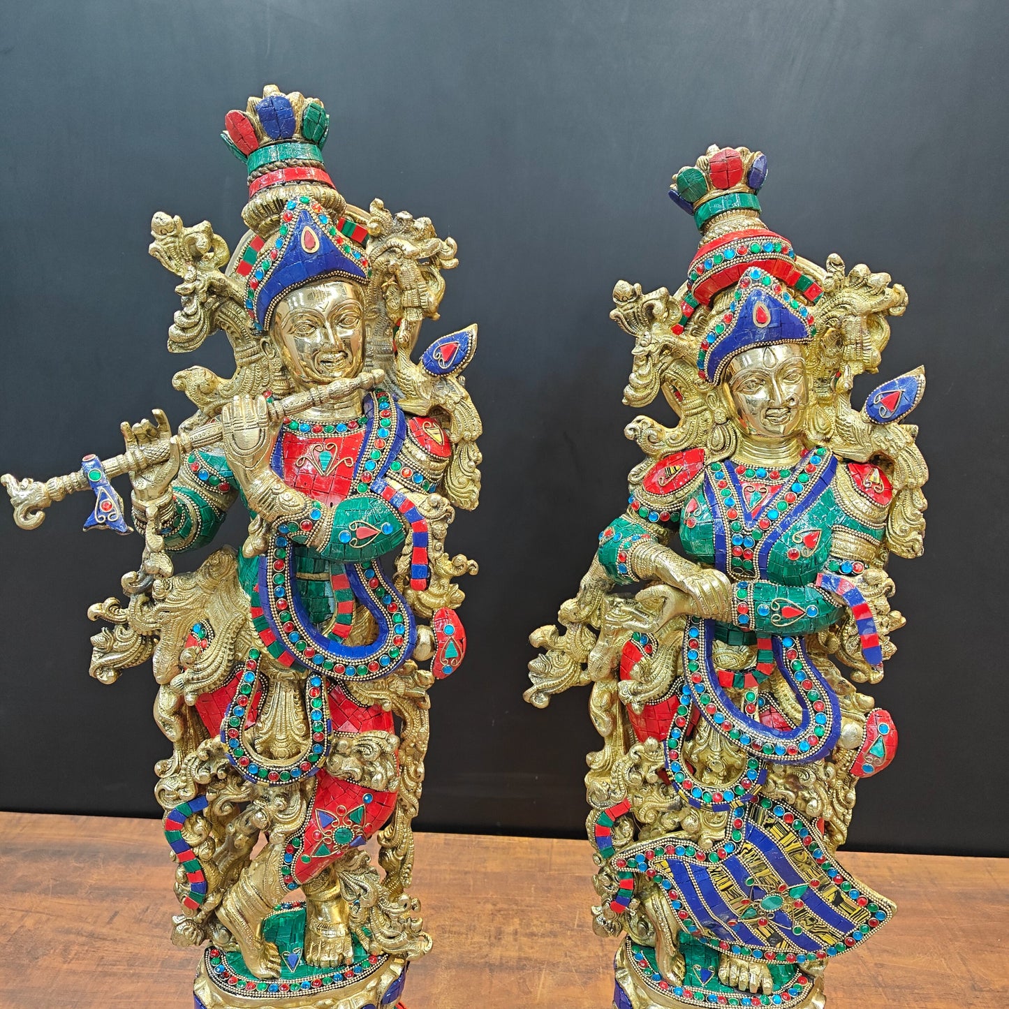 Brass Radha Krishna Statue with Stone Work 29 Inches Tall