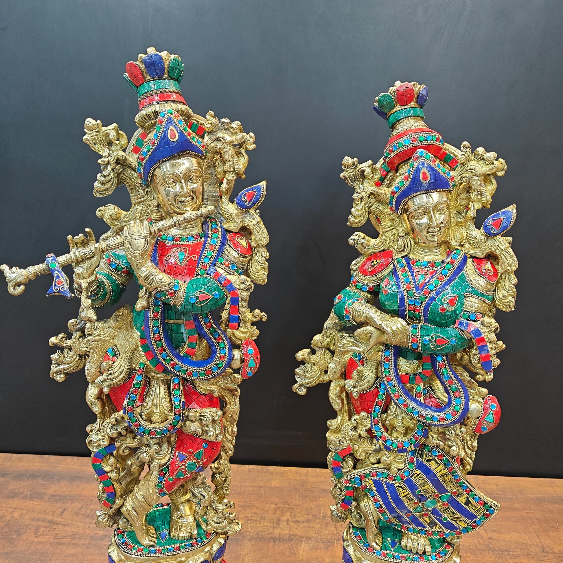 Brass Radha Krishna Statue with Stone Work 29 Inches Tall - Image 2