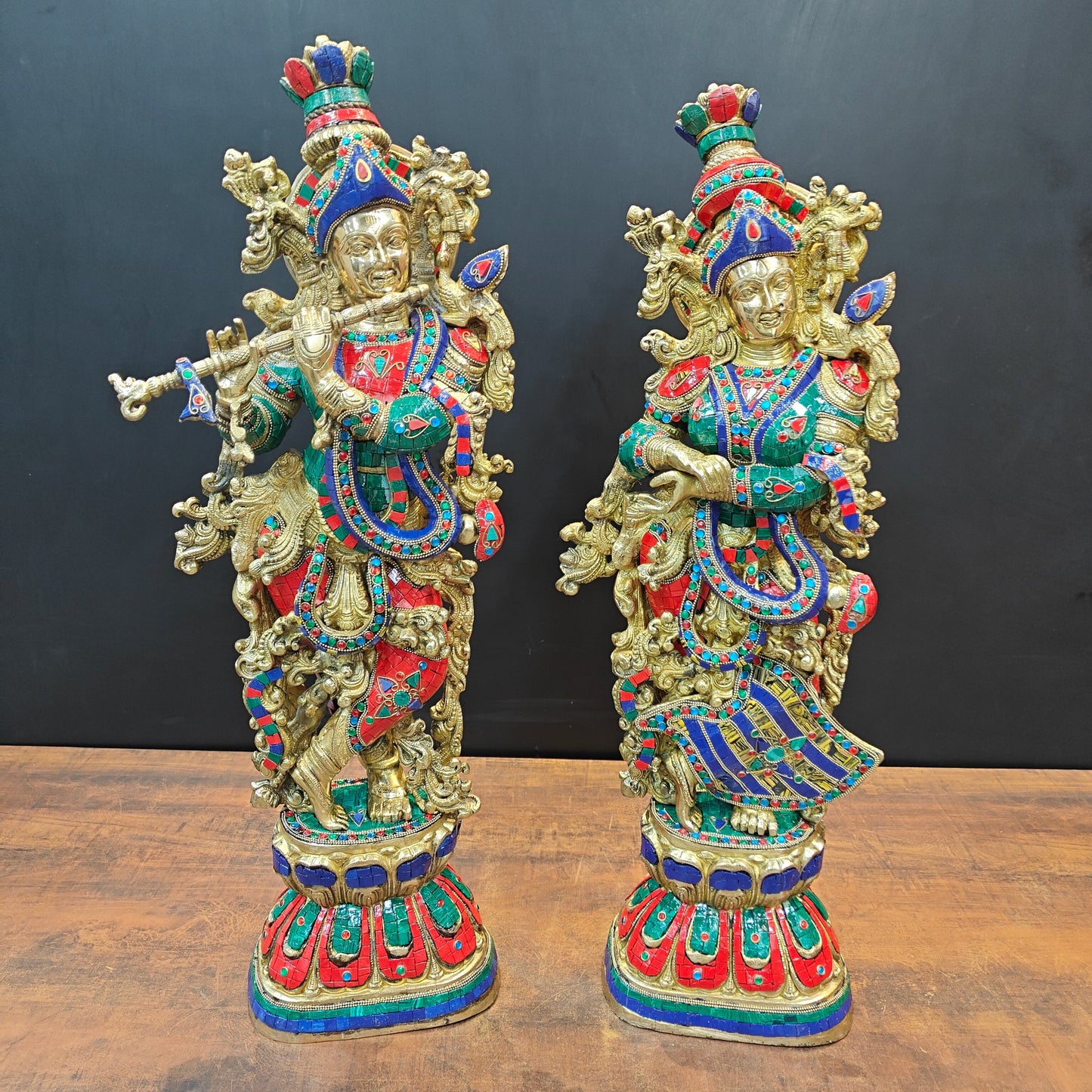Brass Radha Krishna Statue with Stone Work 29 Inches Tall