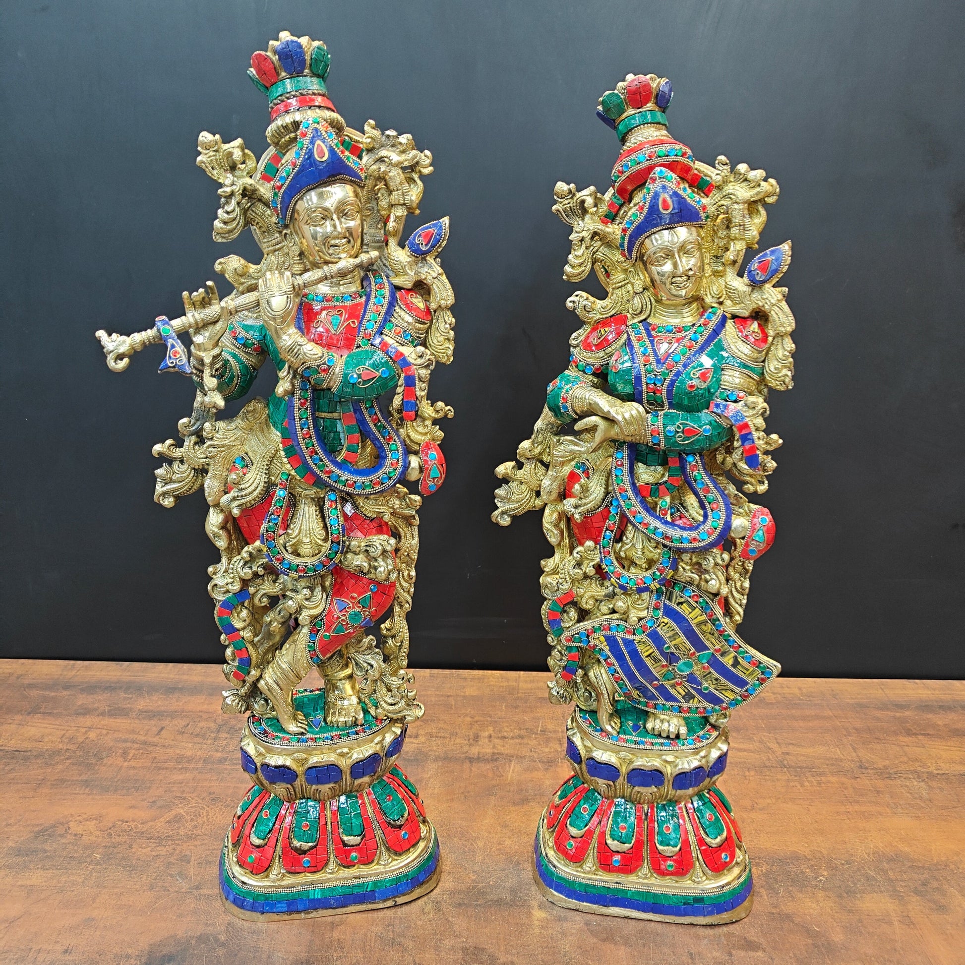Brass Radha Krishna Statue with Stone Work 29 Inches Tall - Image 3
