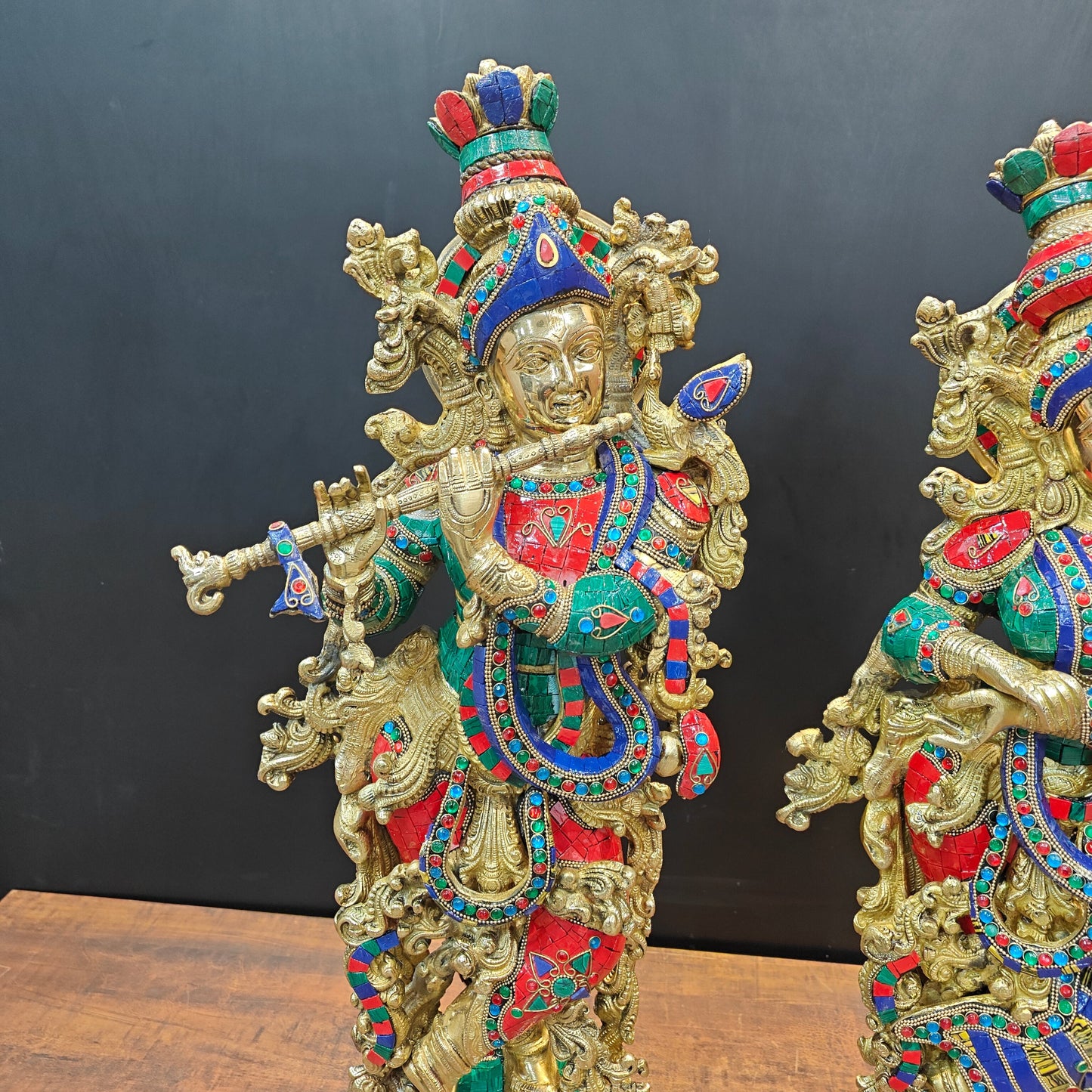 Brass Radha Krishna Statue with Stone Work 29 Inches Tall