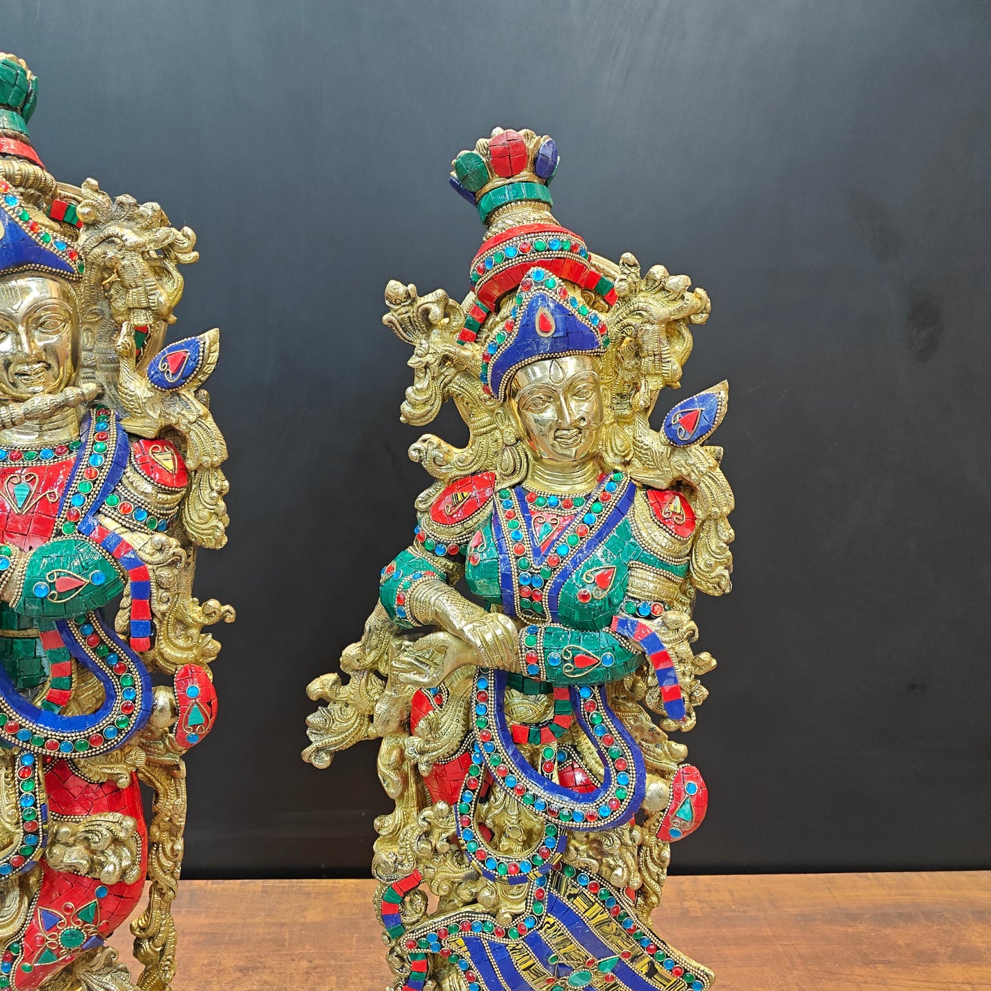 Brass Radha Krishna Statue with Stone Work 29 Inches Tall