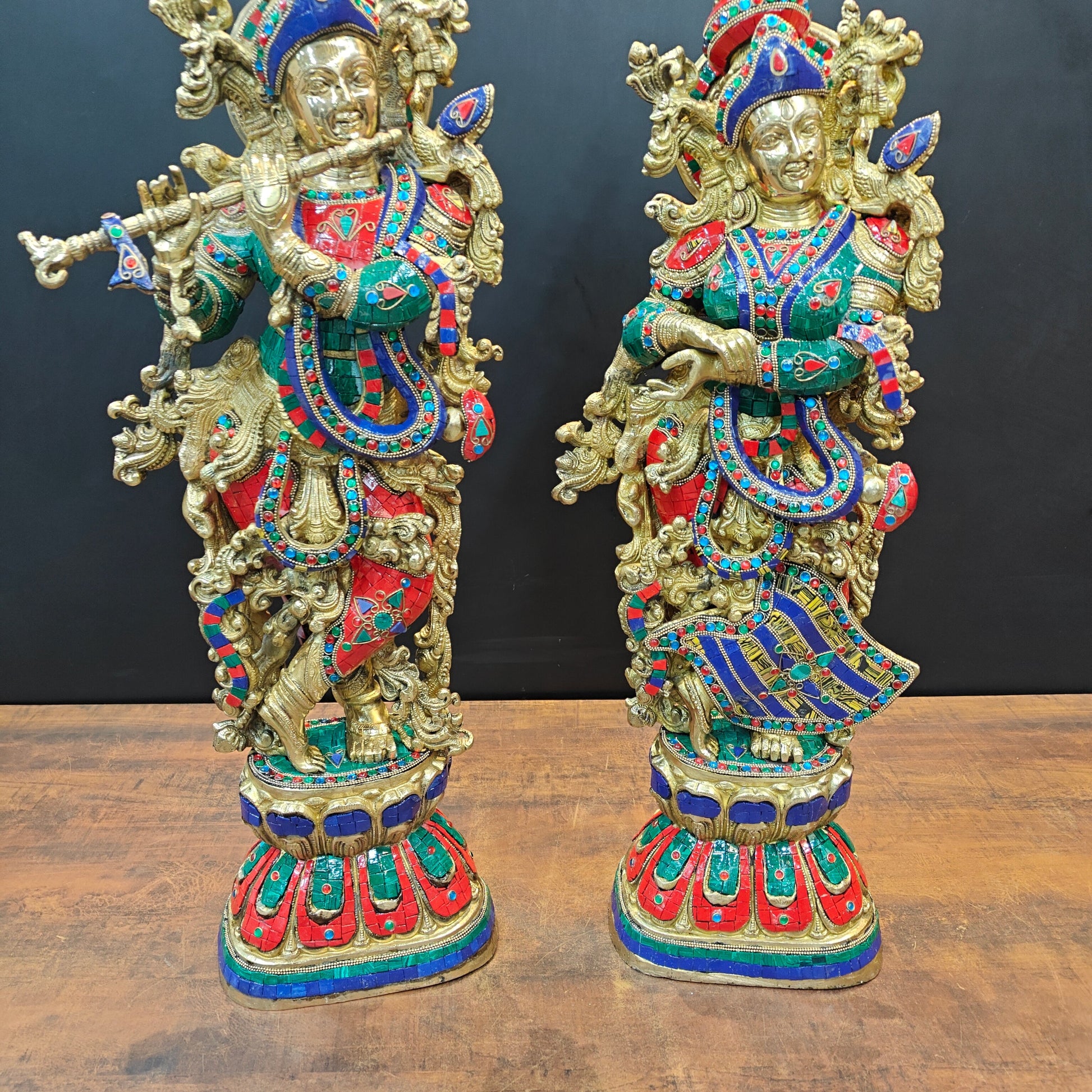 Brass Radha Krishna Statue with Stone Work 29 Inches Tall - Image 6