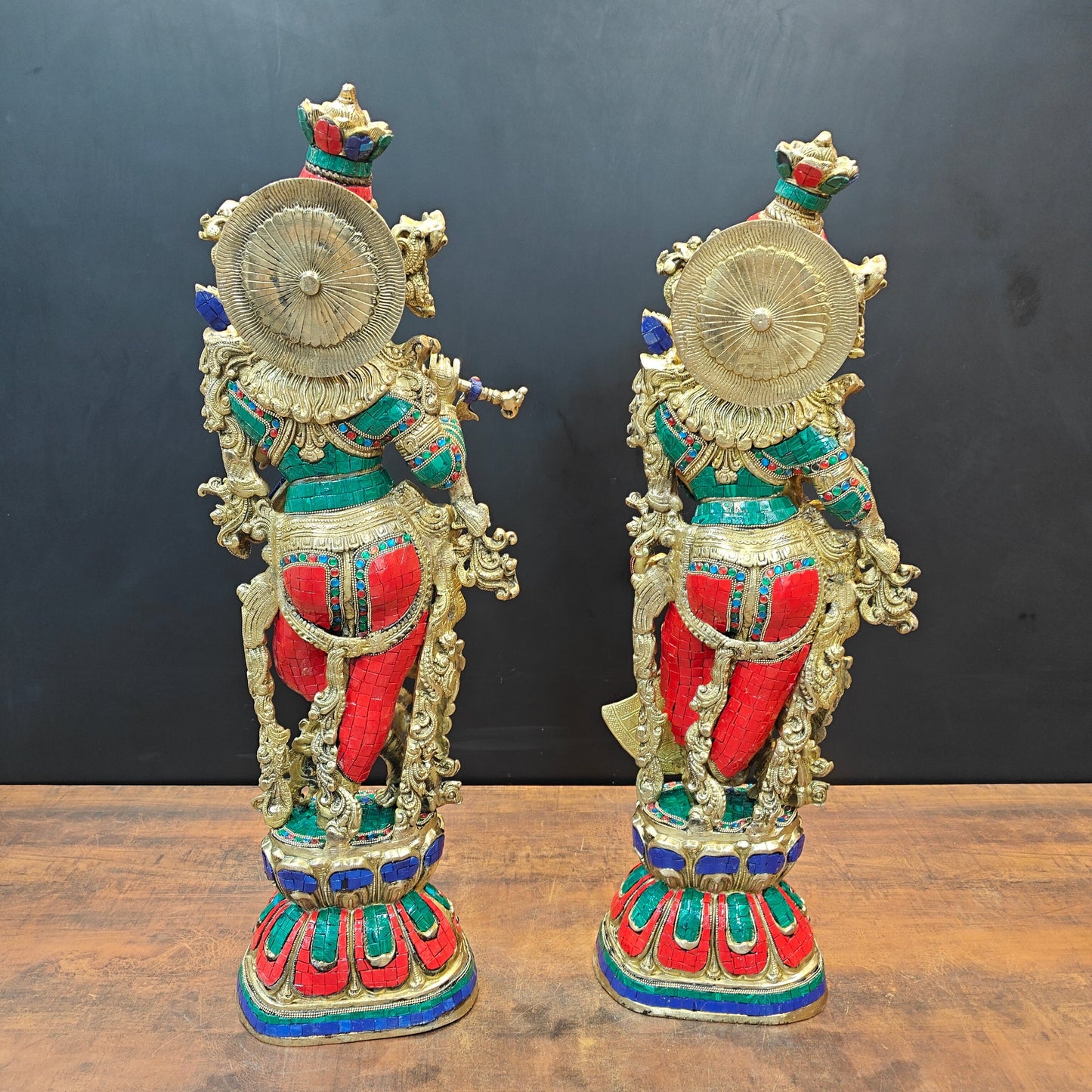 Brass Radha Krishna Statue with Stone Work 29 Inches Tall