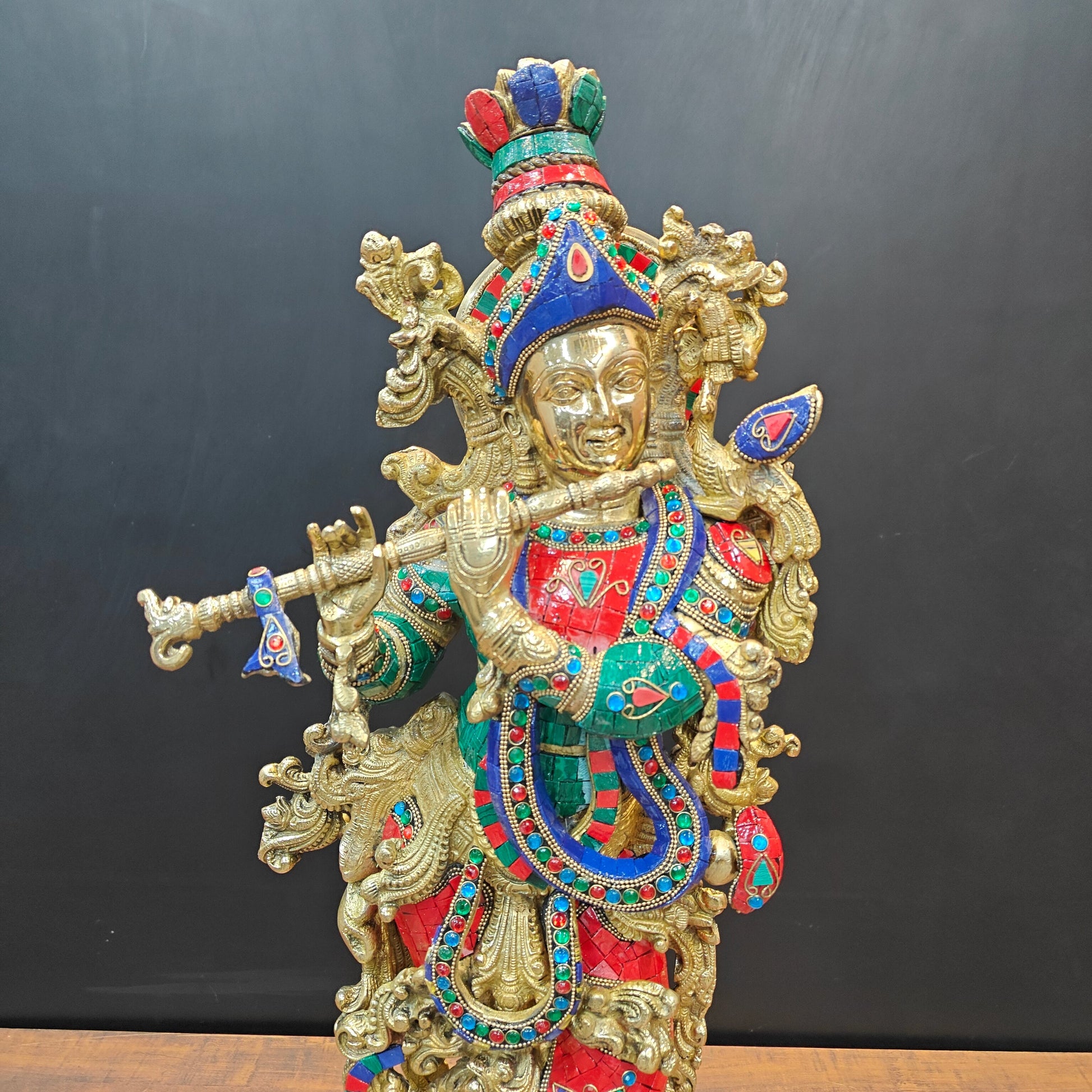 Divine Brass Krishna Idol With Stone Work 29 Inches - Image 2