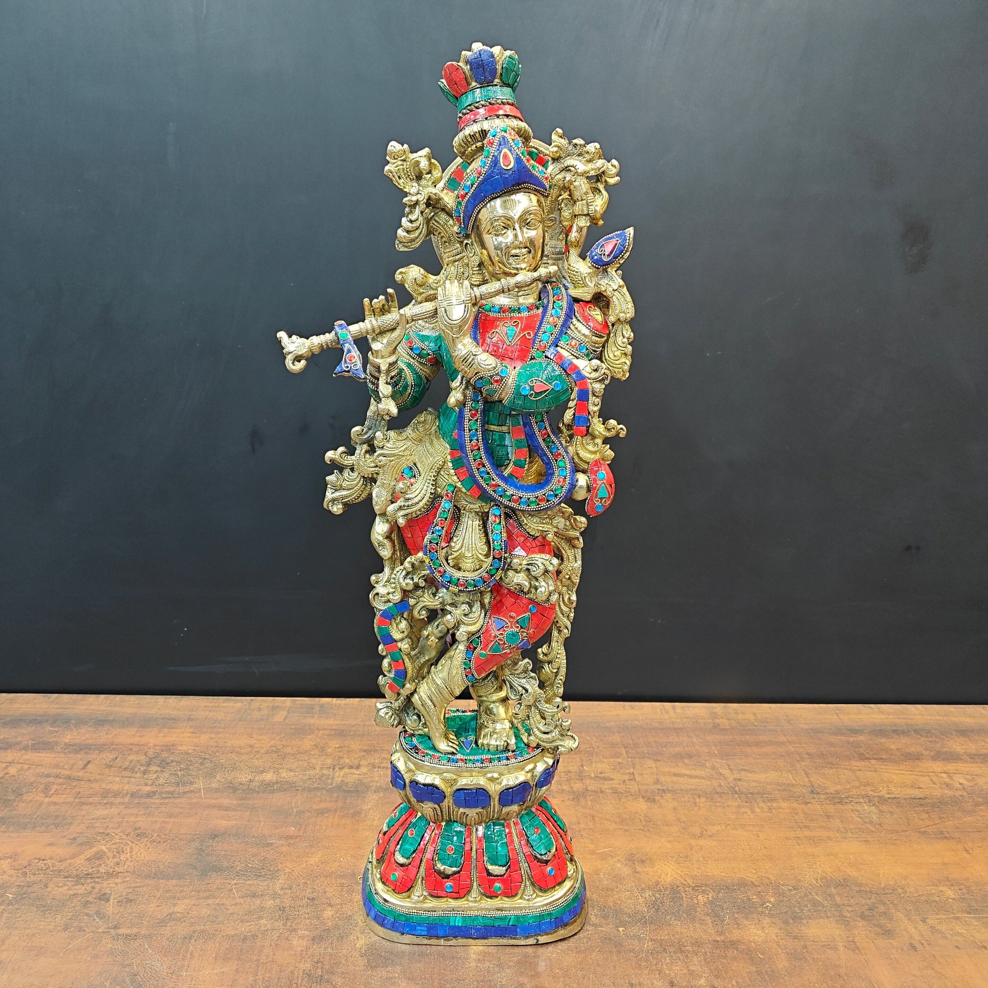 Divine Brass Krishna Idol With Stone Work 29 Inches - Image 3