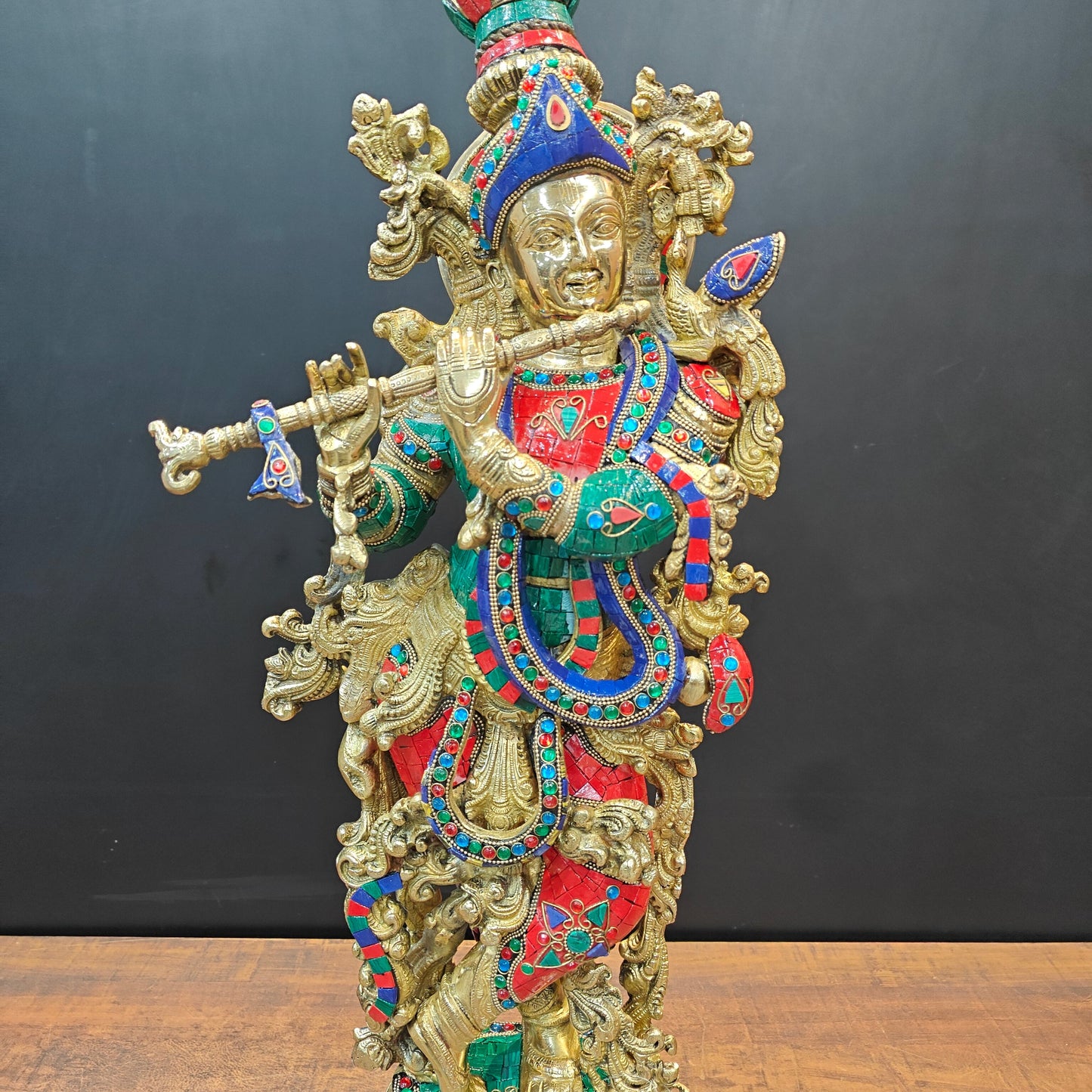 Divine Brass Krishna Idol With Stone Work 29 Inches