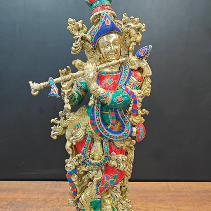 Divine Brass Krishna Idol With Stone Work 29 Inches by vendor-unknown - Hindu Gods (View 4)
