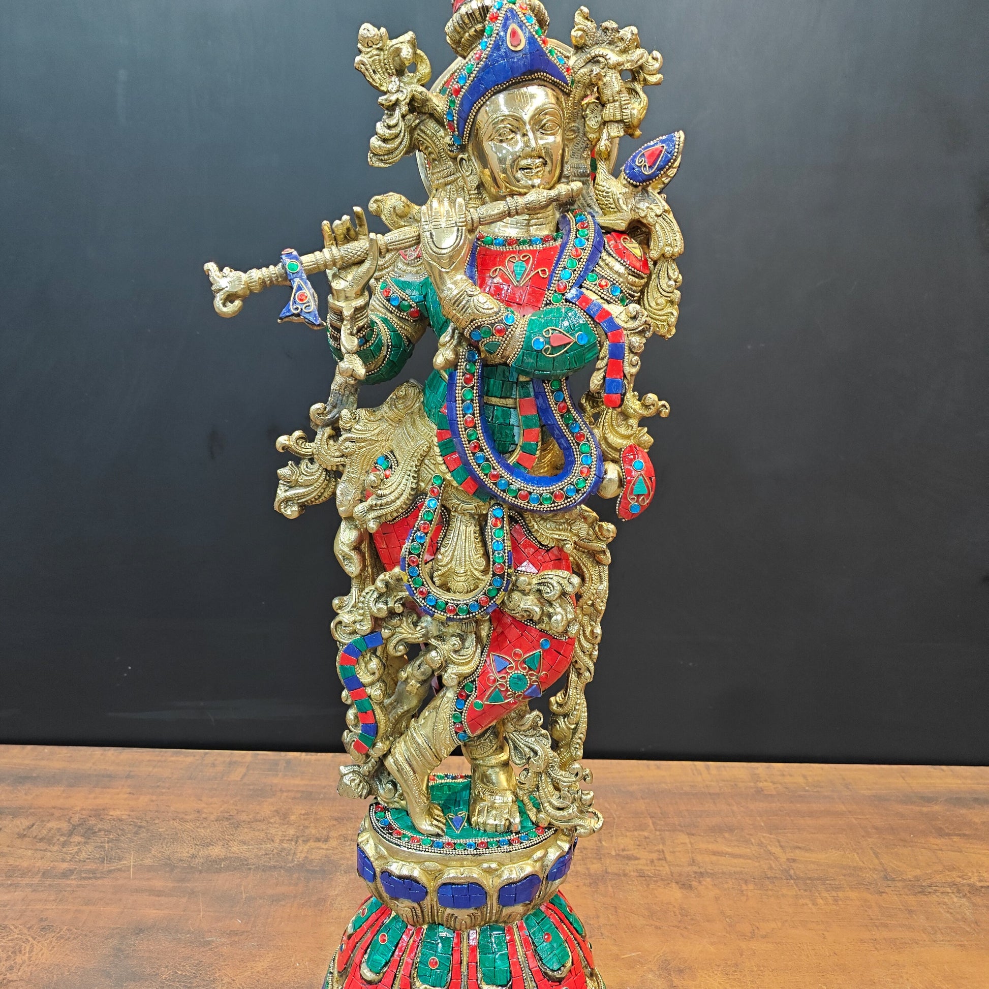 Divine Brass Krishna Idol With Stone Work 29 Inches - Image 5