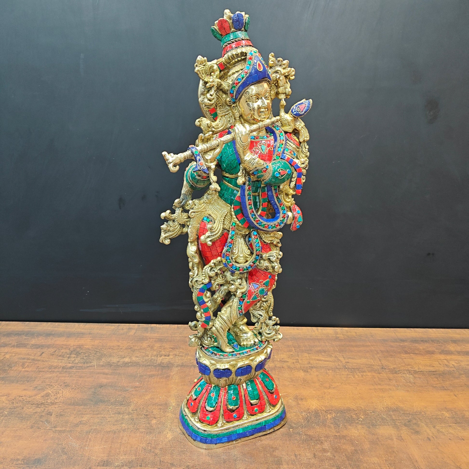 Divine Brass Krishna Idol With Stone Work 29 Inches - Image 6