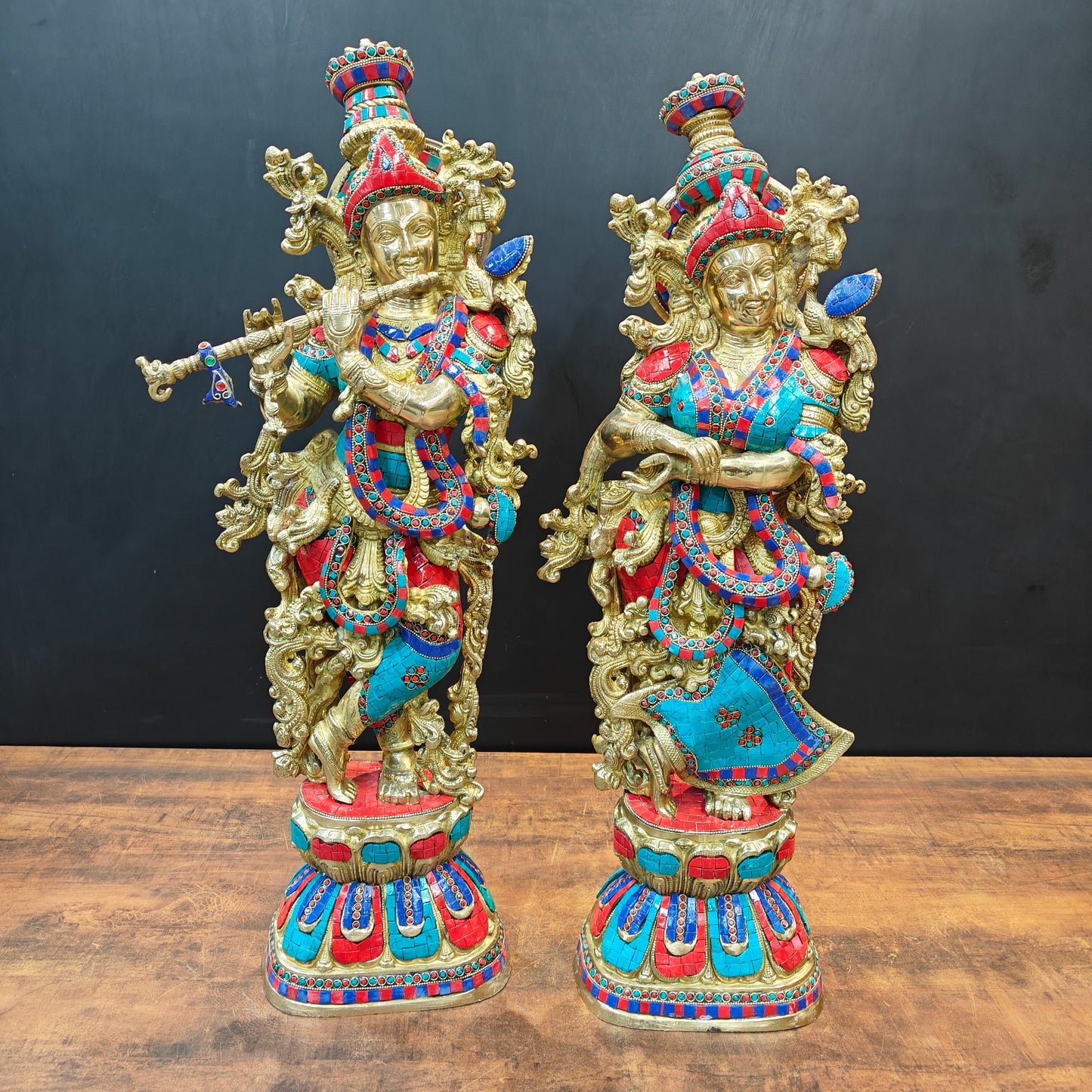 Brass Radha Krishna Idols with Stone Work 29 Inches