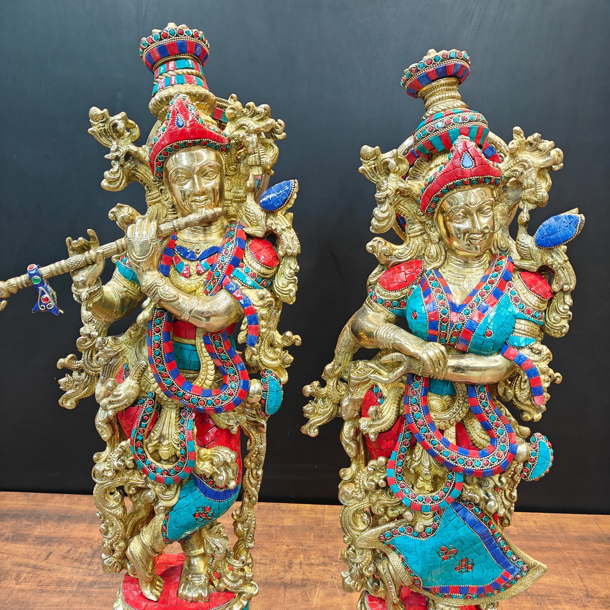 Brass Radha Krishna Idols with Stone Work 29 Inches - Image 2