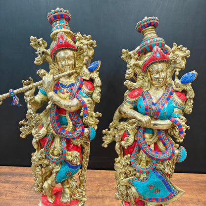 Brass Radha Krishna Idols with Stone Work 29 Inches by vendor-unknown - Hindu Gods (View 2)