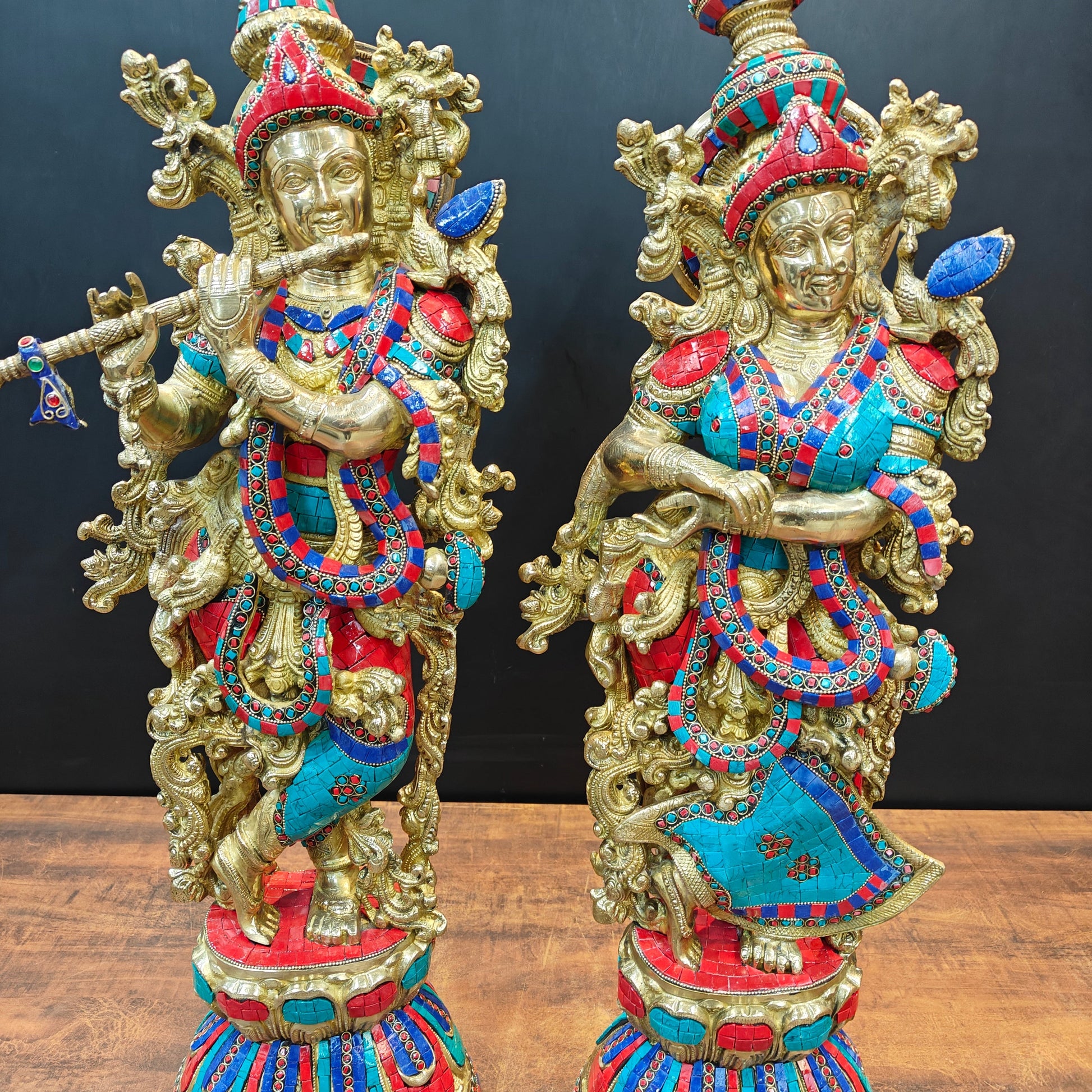 Brass Radha Krishna Idols with Stone Work 29 Inches - Image 4
