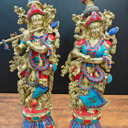 Brass Radha Krishna Idols with Stone Work 29 Inches by vendor-unknown - Hindu Gods (View 4)