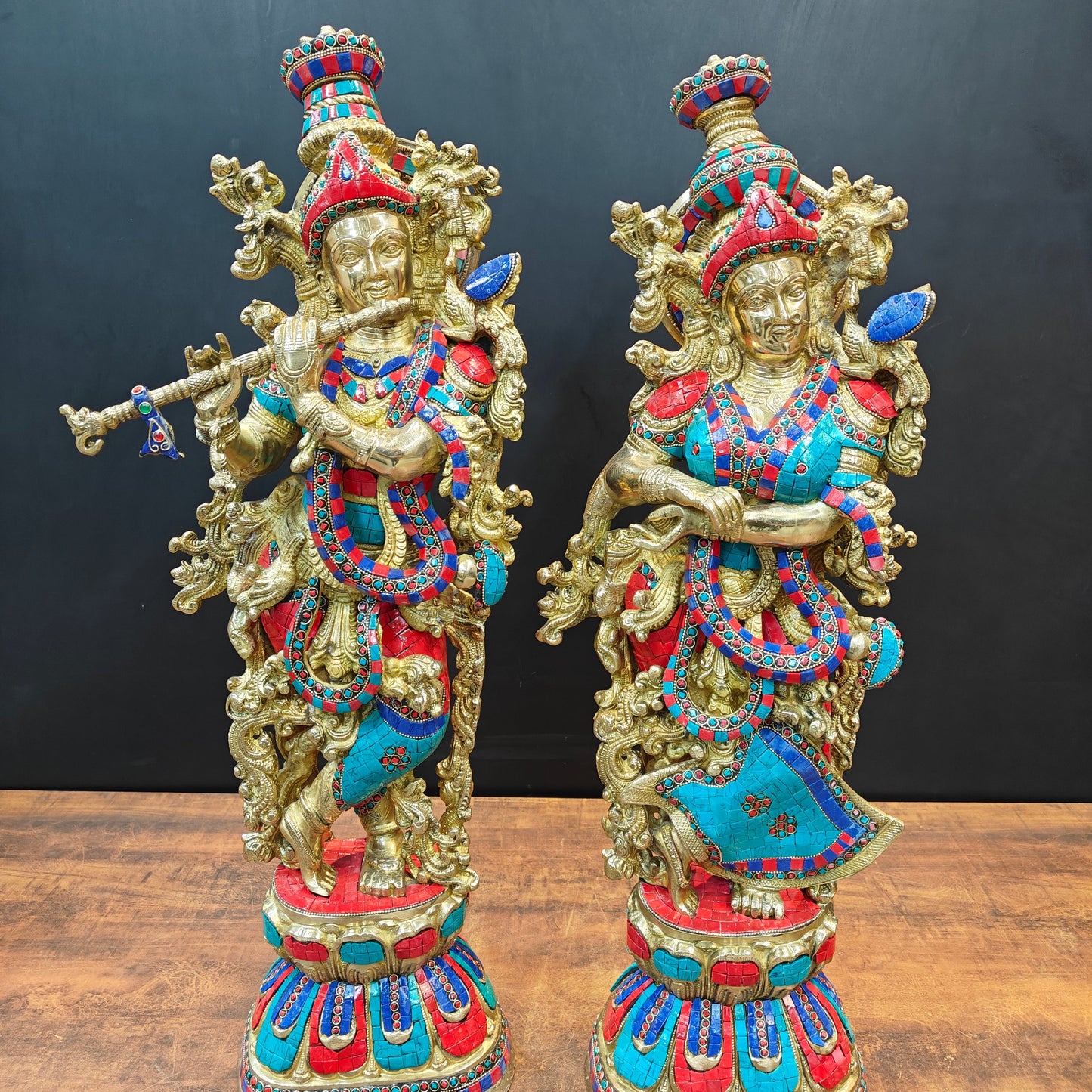 Brass Radha Krishna Idols with Stone Work 29 Inches