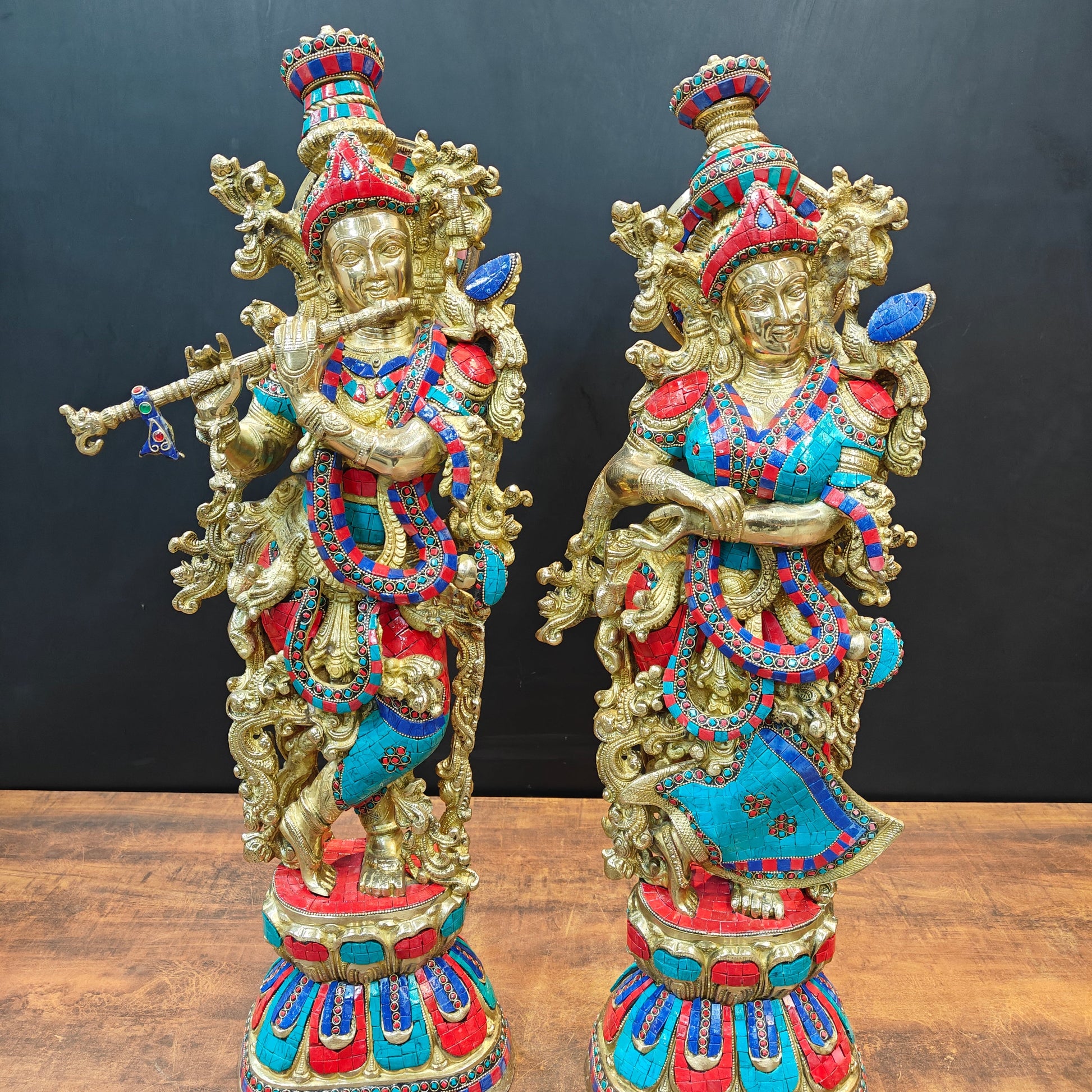 Brass Radha Krishna Idols with Stone Work 29 Inches - Image 5
